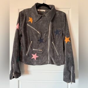 Olivaceous Gray Faux Suede Moto Jacket with Colorful Star Patches